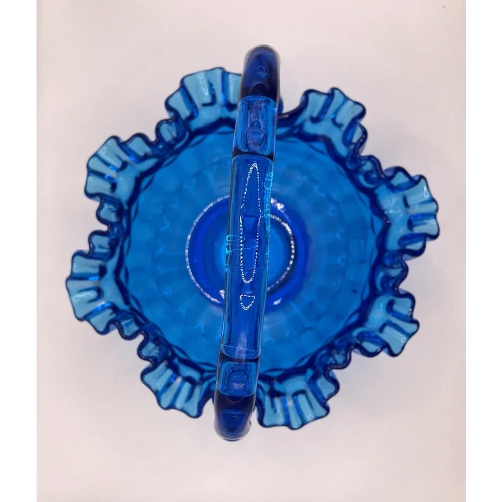 1950s Vintage Fenton Thumbprint Colonial Cobalt Blue Ruffled 8” Glass Basket